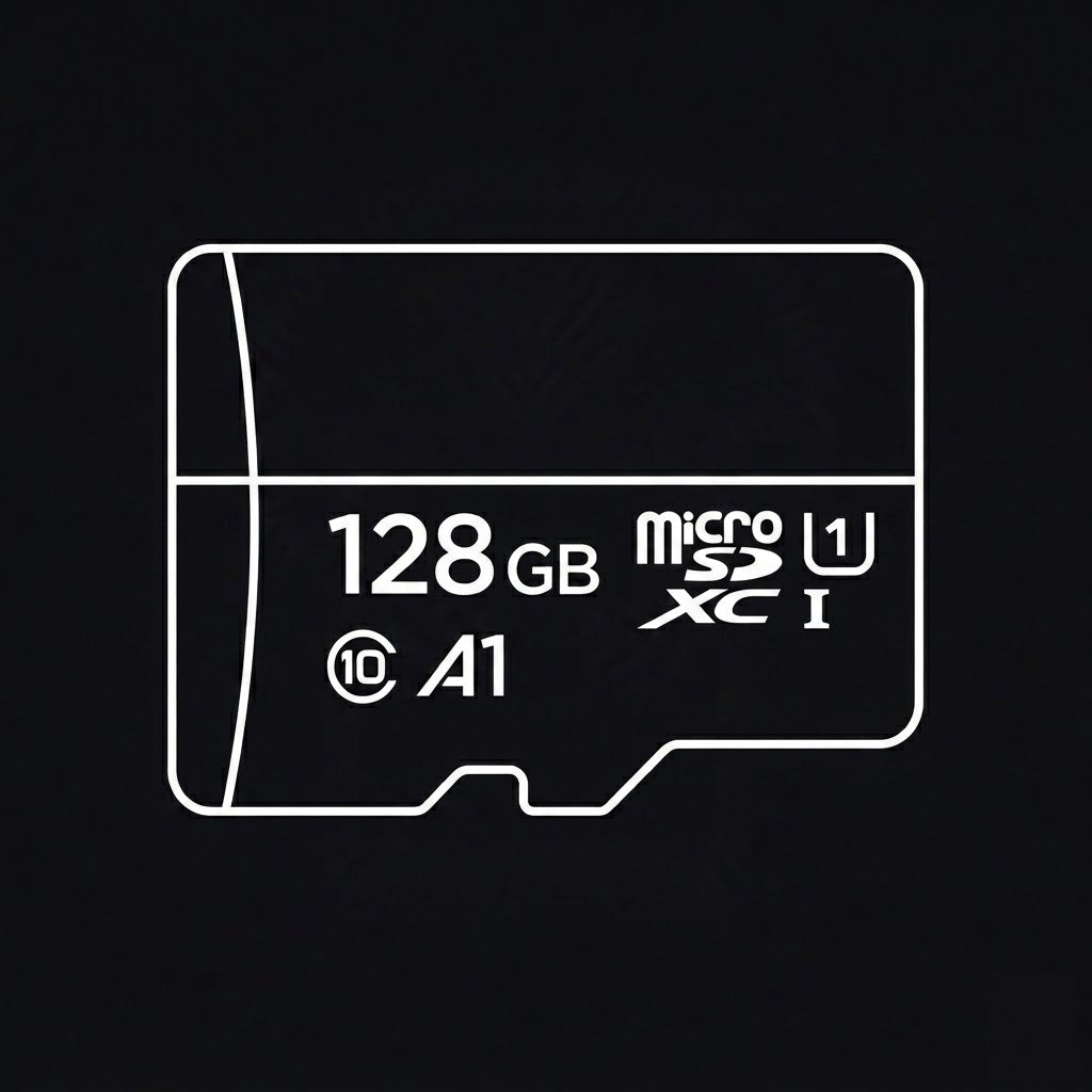 128 GB microSD card preloaded with over 5 hours of audio-reactive visuals and additional storage for custom video content.